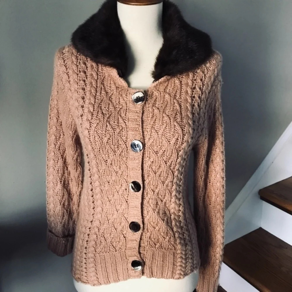 Ballinger Gold Camel Cable Knit Fur Cardigan SM